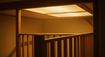 Interior hallway with wooden stairs and a light-filled ceiling