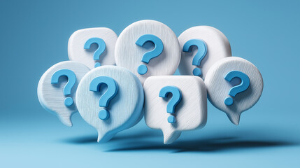 Colorful 3D question marks in speech bubbles, symbolizing curiosity, inquiry, and communication against a vibrant blue background.