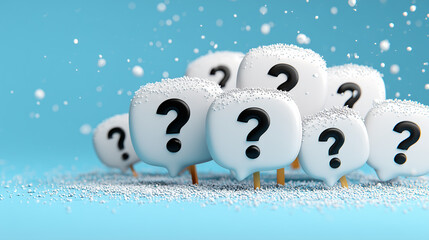 A whimsical scene showcasing white speech bubbles with question marks, sprinkled with snow-like particles against a bright turquoise background.