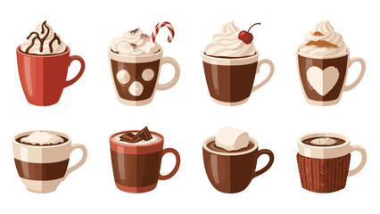 Obraz premium Set of eight delicious hot chocolate drinks with whipped cream and toppings