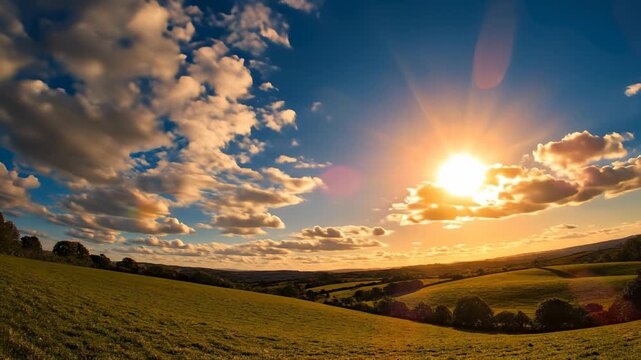 Aerial view of a lush green field bathed in the warm glow of a sunset, capturing the limitless possibility and optimism themes of growth, progress, or peaceful calm, perfect for use as a.