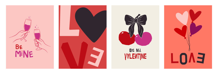Four abstract Valentine's posters: hands clinking, large lovve text, cherries with bow, and heart balloons.