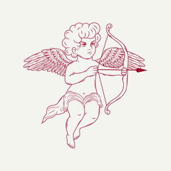 Whimsical hand-drawn Cupid with arrow. Vector illustration of a cute little angel in doodle line art style.