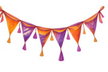 Festive orange and purple bunting garland with tassels, creating a celebratory decoration, transparent background