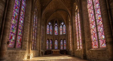 Obraz premium Interior of a gothic cathedral, with stained glass windows