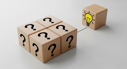 Wooden blocks showing questions leading to an idea lightbulb.