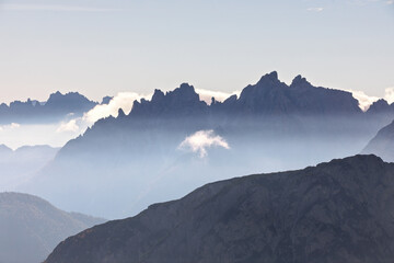 Landscape Dolomites National park, Dolomite alps mountains, Italy, Europe. High rocky morning...