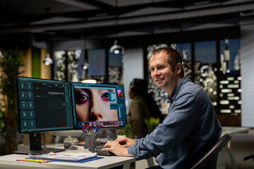 Photography editor using AI chatbot turning text prompt into photos and retouching, adjusting color to ensure professional content for clients. AI powered image editing, creative industry.