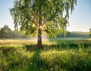 soft sunbeams filter through the canopy above a solitary birch tree in a lush dutch meadow trees greenery