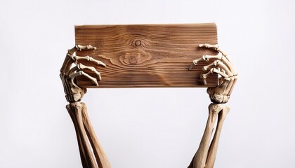 two skeletal hands holding a wooden sign against a white background