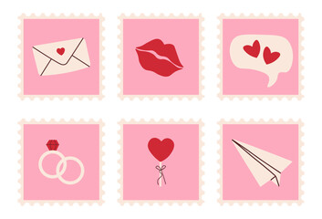 Romantic Valentine&rsquo;s day postage stamp set with love letter, kiss lips, heart speech bubble, engagement rings, heart balloon and paper plane on pink backgrounds