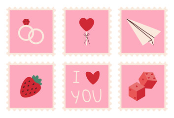 Romantic Valentines day postage stamp set with engagement rings, heart balloon, paper plane, strawberry, I love you text and heart dice on pink backgrounds