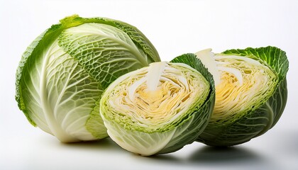 sliced cabbage reveals layered structure beside whole head both resting on white background in clean composition