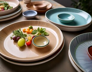 elegantly arranged melamine plates showcase fresh ingredients with artisanal appeal on a textured surface