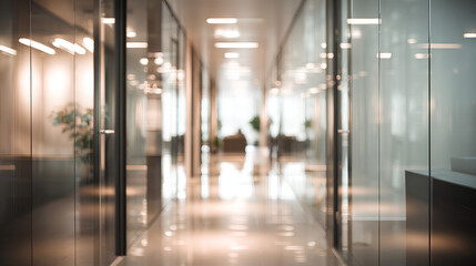 Fototapeta premium Blurred office hallway with glass walls and neutral colors creates a sense of space. Professional photos for backgrounds for text, banners, posters, and web displays. High quality