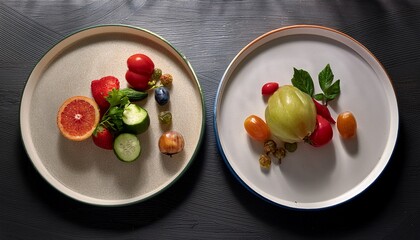 elegant melamine plates adorned with fresh ingredients on a textured surface create a sophisticated dining presentation