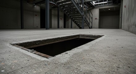 Interior of an unfinished concrete building, showing a large hole in the floor