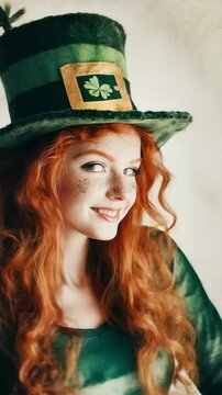Young woman in Irish costume, St Patrick's Day celebration, green beard, hair and clothing