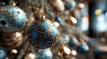 Merry Christmas and Happy Holidays greeting card, frame, banner. New Year. Noel. Red and white Christmas decorations and gifts on blue background top view. Winter xmas holiday celebration theme