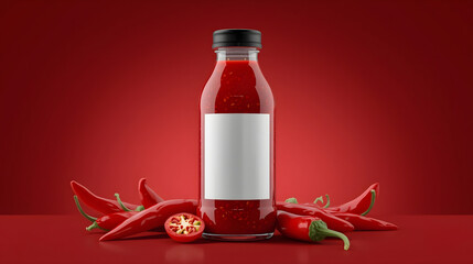 Glass bottle of red hot sauce with chili peppers on red background