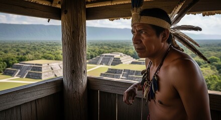 Mayan elder wearing traditional feathered headdress observes ancient pyramids in vast jungle landscape. He stands on an elevated wooden platform contemplating ancestral history.