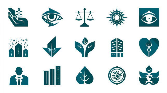 Core values and business ethics solid icon set. Contains symbols for Integrity, Agility, Sustainability, and Transparency. Flat vector design for corporate culture and mission statements. Stock Vector