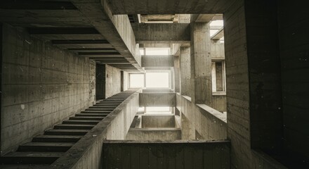 Interior view of a concrete building, showing a complex system of hallways and staircases.  Light streams in through openings
