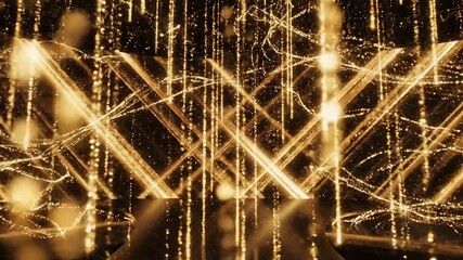 Dynamic golden light beams illuminate a dark reflective stage creating an abstract and energetic visual spectacle perfect for events celebrations and futuristic digital backgrounds showcasing vibrant.