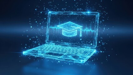 Digital laptop displays graduation cap and sound wave on dark background.