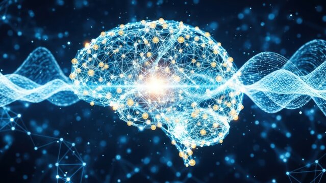 Abstract digital brain with glowing neural connections and waves. - Powered by Adobe