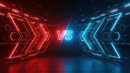 Neon geometric shapes and versus text in a dark digital arena.