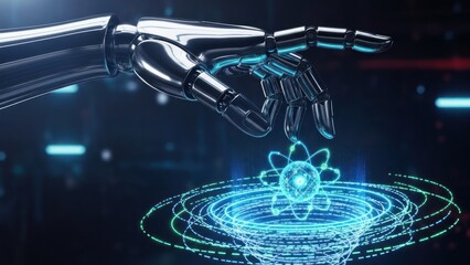 Robotic hand points at glowing atom model with digital energy rings