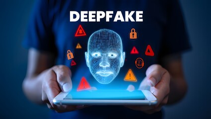 Warning concept of deepfake technology and facial recognition misuse, showing cybersecurity threats, digital identity fraud, and the risks of AI-generated face manipulation in online systems. 