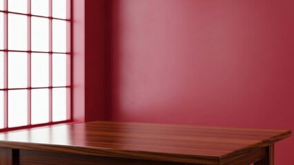 Polished wooden table in a room with a red wall and a bright window with a grid pattern