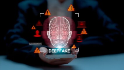 Warning concept of deepfake technology and facial recognition misuse, showing cybersecurity threats, digital identity fraud, and the risks of AI-generated face manipulation in online systems. 