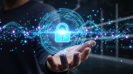 Hand holding a glowing digital padlock and abstract network.