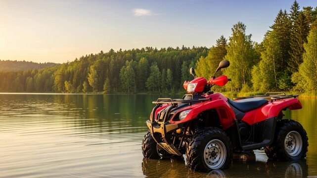 Red atv by tranquil lakeside at sunset surrounded by forest