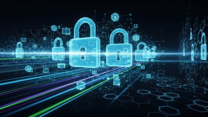 Digital network with glowing locks and data streams