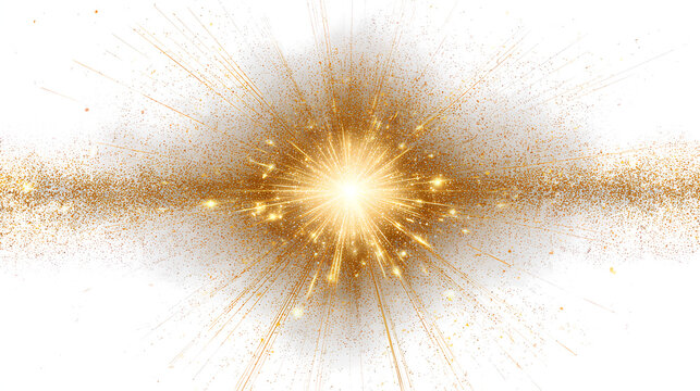 Digital star burst with golden light and glowing sun rays, bright flare and sparkle overlay on white background.