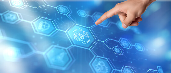 Gears concept on virtual screen. Automation Business and industrial process optimisation