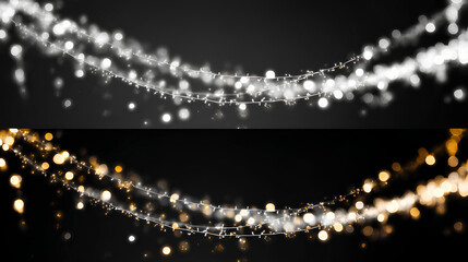 Elegant string lights overlay on black and white backgrounds, glowing warm garland creating festive atmosphere for Christmas decoration and celebration projects. Stock Illustration white background