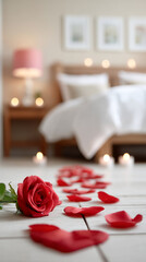 Romantic bedroom with rose petal pathway and candlelight ambiance for valentine's day