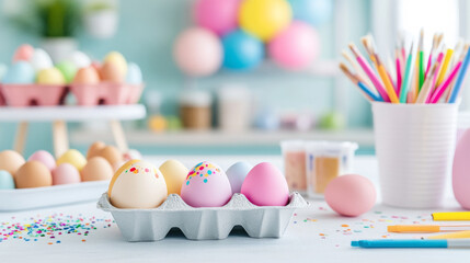 Vibrant easter egg decorating station with colorful supplies for creative holiday fun