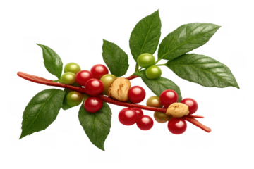 Coffee branch showing ripening coffee berries and beans, concept of harvest, caffeine, and natural growth