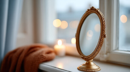 Elegant vintage mirror on windowsill with candlelight ambience for home decor inspiration