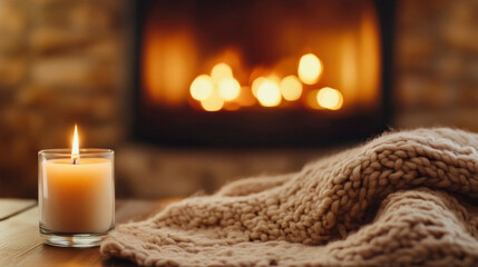 Cozy evening by the fireplace with knitted blanket and candle ambiance