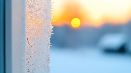 Cinematic close-up of frosty window with midnight sunset glow