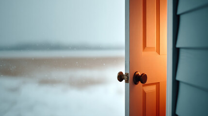 Welcoming winter serenity through an open door with snowy landscape