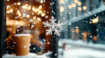 Cozy winter cafe ambiance with warm window glow and snowy atmosphere