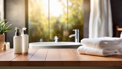 Fototapeta premium wooden tabletop empty podium product display over blurred bathroom window background with shampoo cream towels mirror